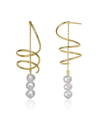 Genevive Sterling Silver 14K Gold Plated with Genuine Freshwater Pearl Drop Earrings