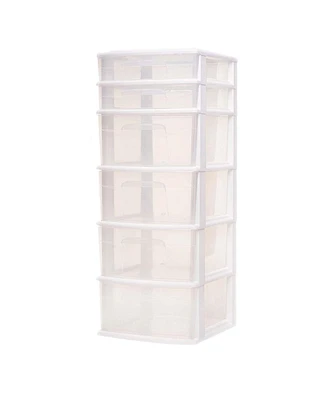 Homz Plastic 6 Clear Drawer Medium Home Storage Container Tower, White Frame