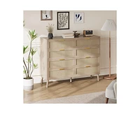 gaomon 8 Drawer Rattan Dresser, 47.2" x 15.7" x 37" Rattan Chest of Dressers, Mid Century Modern Dresser for Closet with Handles, Large Table Top, Dre