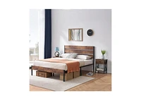 Slickblue Industrial Platform Bed Frame with Wood Slatted Headboard Footboard