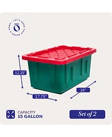 Homz Durabilt 15 Gallon Heavy Duty Holiday Storage Tote, Green/Red (2 Pack)