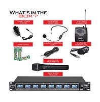 Pyle 8-Channel Uhf Wireless Microphone System with 4 Handheld Mics, 4 Beltpack Mics, Headsets & Lavalier Mics