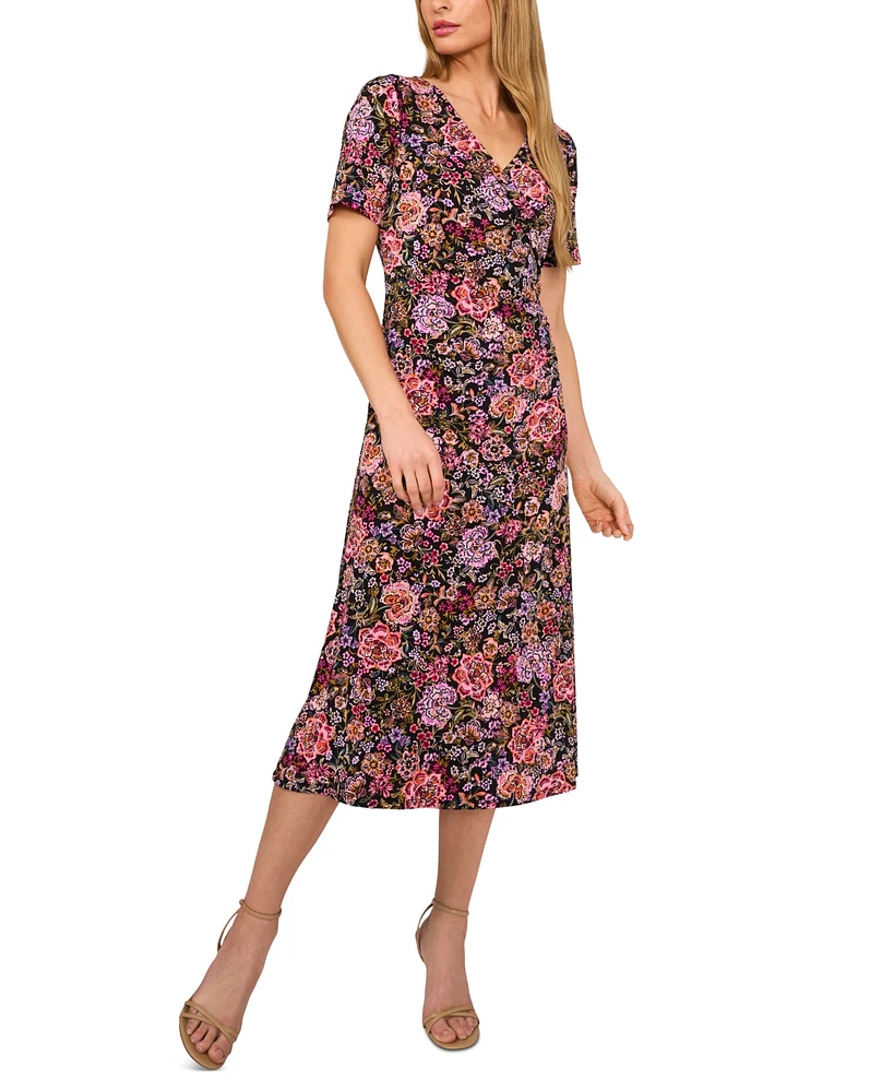 Msk Women's Floral-Print Short-Sleeve Midi Dress