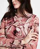 Bar Iii Women's Draped-Neck Swirl-Print Mesh Top, Exclusively at Macy's