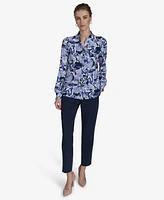 Tommy Hilfiger Women's Floral-Print Ruffled-Placket Button-Down Knit Top