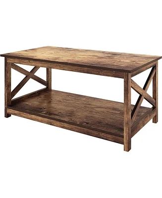 Slickblue Contemporary 2-Tier Farmhouse Coffee Table with Rustic Wood Finish for Living Room