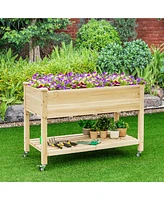 Gymax Raised Garden Bed Wood Elevated Planter Bed w/Lockable Wheels Shelf & Liner