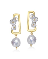 Genevive Beautiful Sterling Silver 14K Gold Plated 14-15MM Genuine Freshwater Pearl Drop Earrings