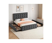 gaomon Queen Size Bed Frame with 4 Storage Drawers and Headboard, Linen Upholstered Platform Bed Frame with Wooden Slats Support, Button Tufted Design