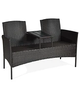 Gymax Patented Cushioned Rattan Wicker Patio Conversation Set w/ Loveseat Table Brown