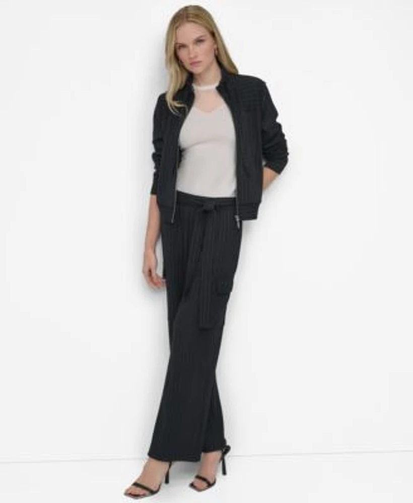 Dkny Womens Pinstriped Zip Front Stand Collar Jacket Sheer Yoke Short Sleeve Crewneck Top Pinstriped Tie Waist Wide Leg Cargo Pants