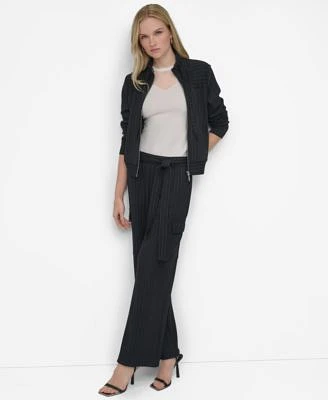 Dkny Womens Pinstriped Zip Front Stand Collar Jacket Sheer Yoke Short Sleeve Crewneck Top Pinstriped Tie Waist Wide Leg Cargo Pants