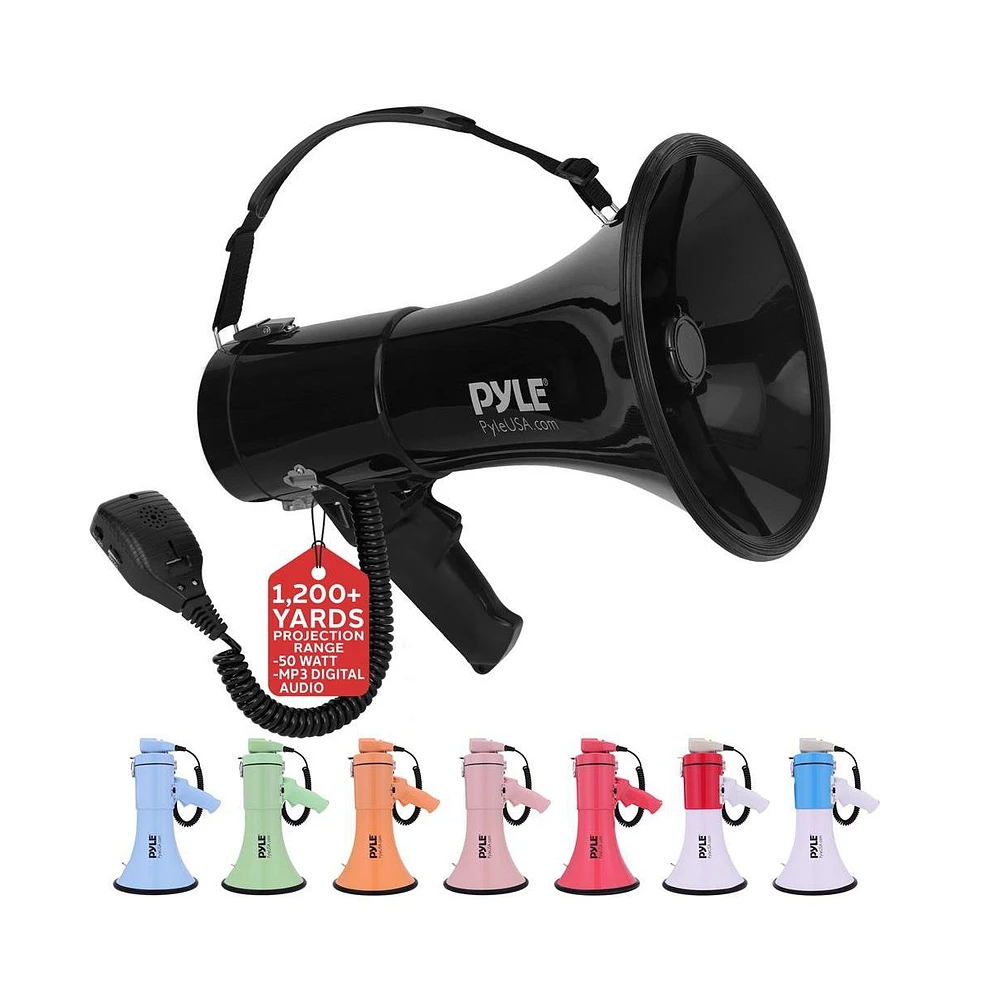 Pyle 50-Watt Portable Megaphone with Siren, MP3 Input, Automatic Siren, Shoulder Strap, Lightweight