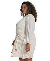 Dkny Plus Size Pleated Tie-Front A-Line Long-Sleeve Dress