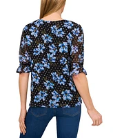 CeCe Women's Floral Elbow-Sleeve Ruffle V-Neck Blouse