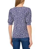 CeCe Women's Floral Shirred Scoop-Neck 3/4-Sleeve Knit Top