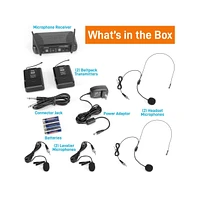 Pyle Uhf Wireless Microphone System Kit with (2) Beltpack Transmitters, (2) Headset Mics & (2) Lavalier Mics