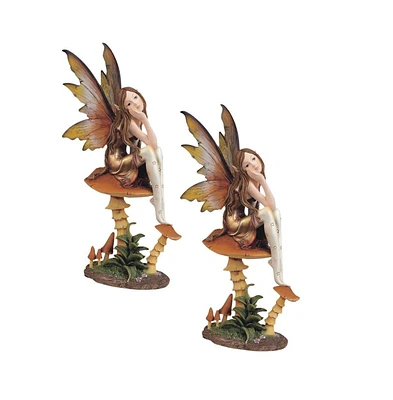 Fc Design "2-pc Set" 9"H Gold Fairy with Clear Wings Sitting on Mushroom Figurine Statue Ornament Home Room Office Decor and Perfect Ideas for Housewa