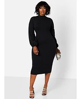 Rebdolls Women's Turtleneck Cotton Puff Sleeves Bodycon Midi Dress