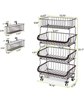 Tribesigns Fruit Vegetable Basket, 4 Tier Stackable Metal Wire Basket Cart with Rolling Wheels, Utility Rack for Kitchen, Pantry, Garage, with 2 Free