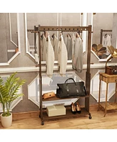 Unho Retro Bamboo Clothes Rack: Brown Garment Organizer Hanging Rack with Wheels