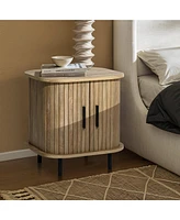 LuxenHome Mid-Century Modern 2-Door Nightstand and End Table with Slatted Slidng Doors