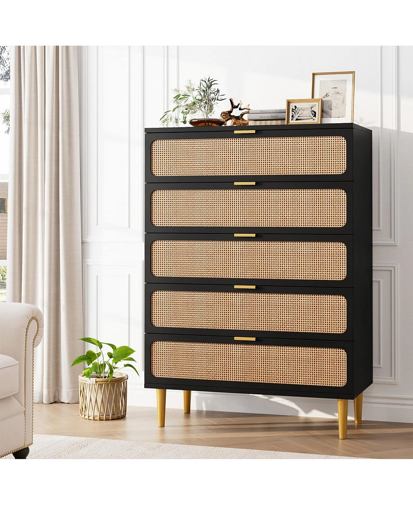 gaomon Rattan 5 Drawer Dresser for Bedroom, Tall Dresser with Deep Drawers