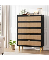 gaomon Rattan 5 Drawer Dresser for Bedroom, Tall Dresser with Deep Drawers