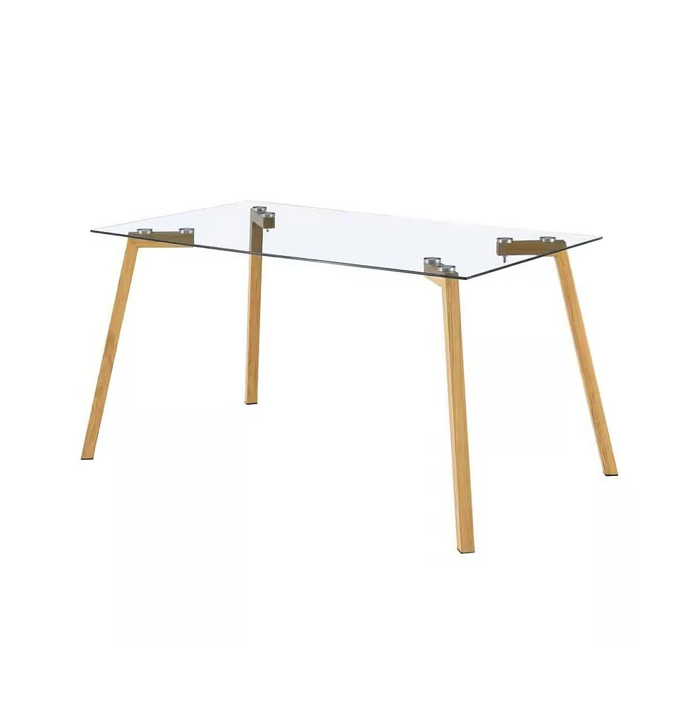 Slickblue Glass Top Dining Table with Wood-Look Metal Legs for Modern Dining Spaces