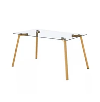 Slickblue Glass Top Dining Table with Wood-Look Metal Legs for Modern Dining Spaces