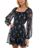 Trixxi Juniors' Floral-Print Long-Sleeve Dress