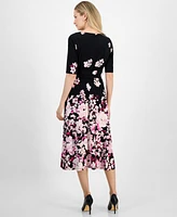 Kasper Women's Floral Belted Elbow-Sleeve Fit & Flare Dress, Regular and Petite Sizes