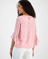 Kasper Women's Printed Ruffle-Cuff Bell-Sleeve Blouse, Regular and Petite