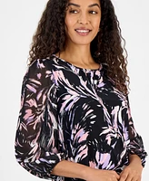 Kasper Women's Printed 3/4-Sleeve Blouson Top, Regular and Petite Sizes