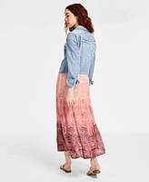 Liverpool Los Angeles Womens Frayed Trucker Jacket Knit Top Maxi Skirt