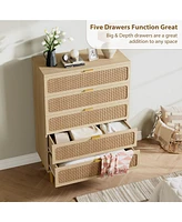 gaomon Rattan 5 Drawer Dresser for Bedroom, Large Double Dresser with Deep Drawers