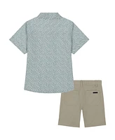 Calvin Klein Toddler and Little Boys Printed Poplin Short Sleeve Shirt Twill Shorts, 2-Piece Set