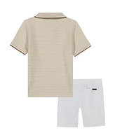 Calvin Klein Toddler and Little Boys Tipped Herringbone Dobby Polo Shirt Twill Shorts, 2-Piece Set