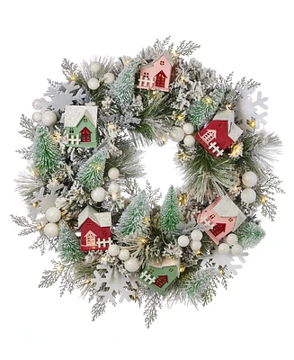 Seasonal 26" Pre-Lit Snowy Cottage Wreath