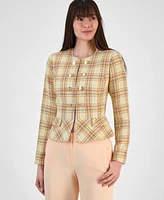 Tahari Asl Women's Boucle Plaid Peplum Cropped Jacket