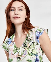 Tahari Asl Women's Ruffled-Front Floral V-Neck Top, Regular & Petite