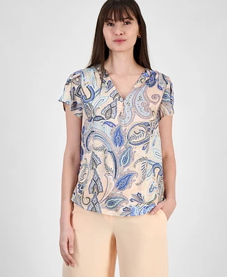 Tahari Asl Women's Paisley Tulip-Sleeve V-Neck Blouse