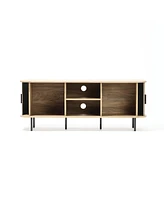 LuxenHome Mid-Century Modern 2-Door 55.1-Inch Wide Tv Console with Slatted Slidng Doors