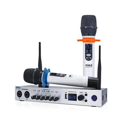 Pyle Uhf 2-Channel Wireless Handheld Microphone System with Bluetooth Receiver, Portable Digital Audio Sound Mixer, White