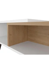 Fm Furniture Hack Berry Coffee Table with Open Storage and Conical Legs , White + Natural Oak