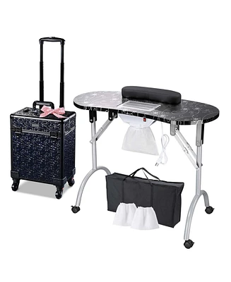 Byootique Manicure Table Nail Desk & Rolling Makeup Train Case Kit Mermaid Black