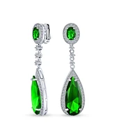 Bling Jewelry Fashion Solitaire Teardrop Halo Cz Cubic Zirconia Statement Y Necklace Matching Dangle Clip On Earrings Jewelry Set Rhodium Plated