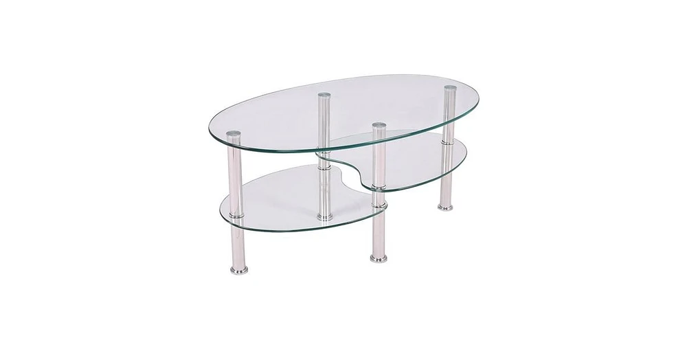 Slickblue Modern Oval Tempered Glass Coffee Table with Bottom Shelf