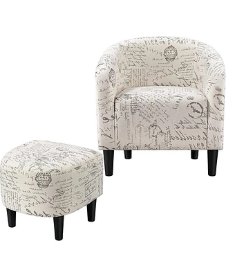 Slickblue Letter Print French Upholstered Barrel Chair and Ottoman Set for Elegant Living Room Decor