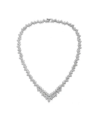 Sterling Silver with White Gold Plated Clear Marquise Cubic Zirconia Cluster Necklace